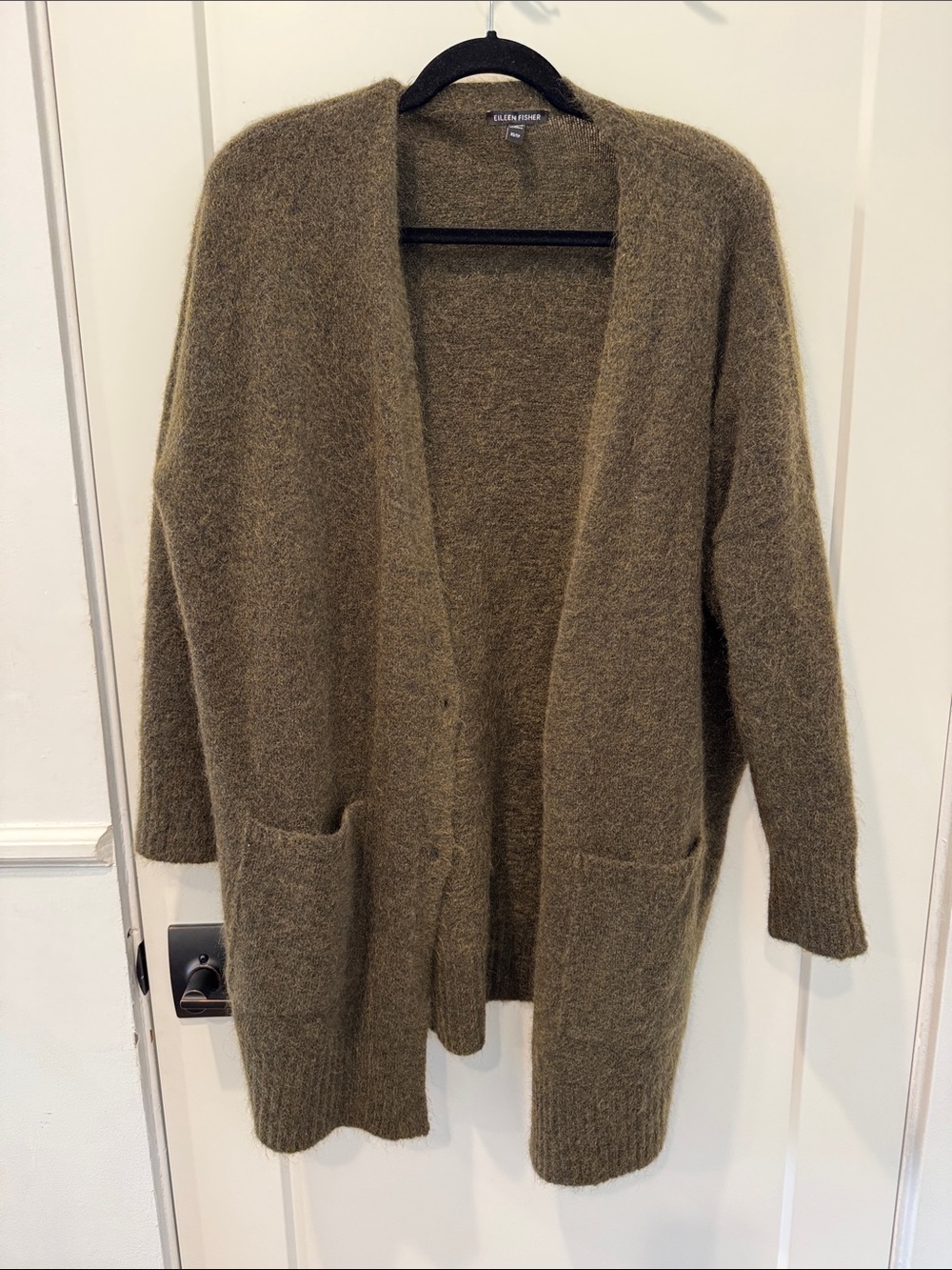 EILEEN FISHER Olive Green Open-Front Pocket Cardigan Sweater
